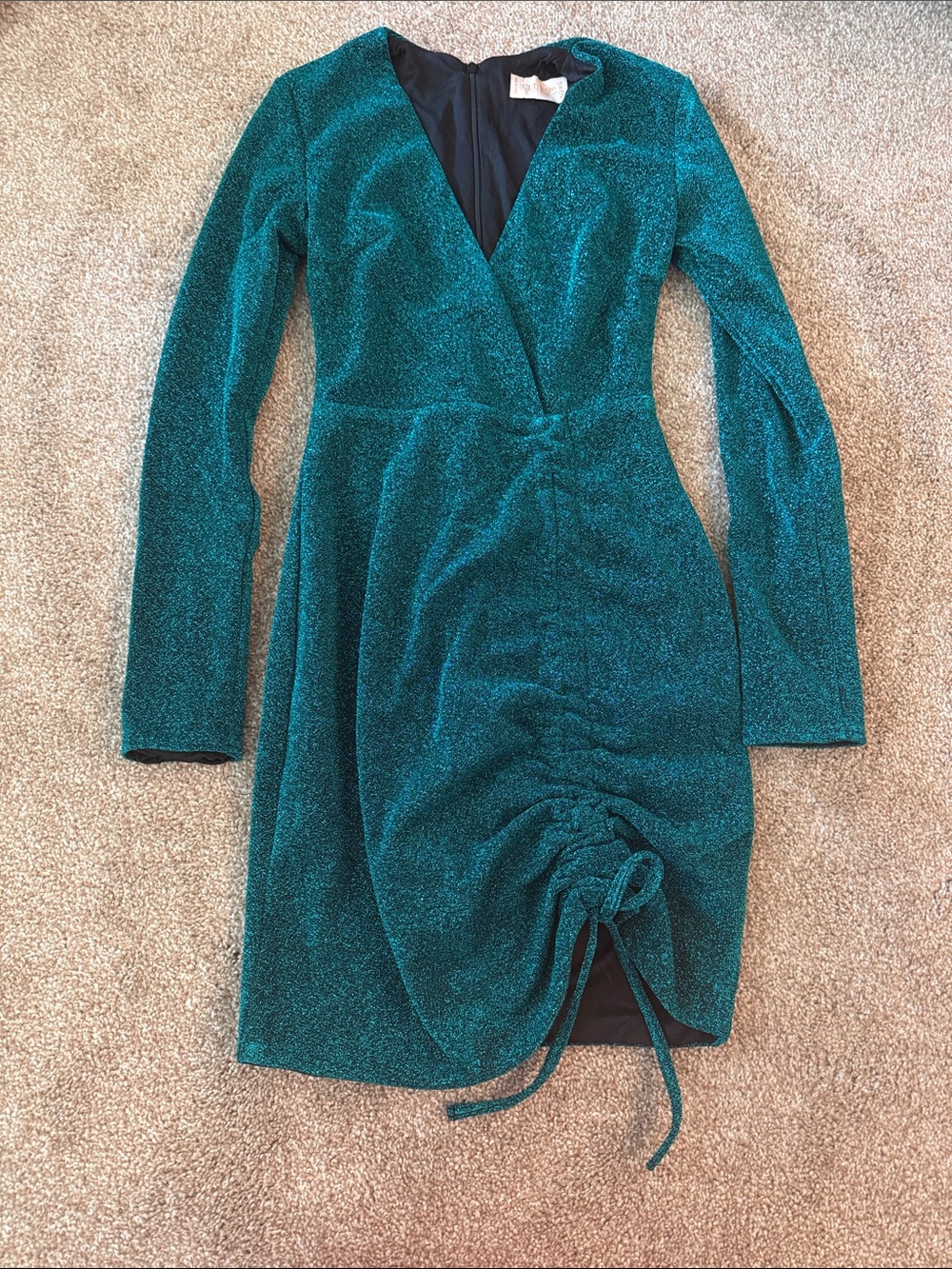 Club L London Teal Sparkle Ruched Long Sleeve Wrap Dress